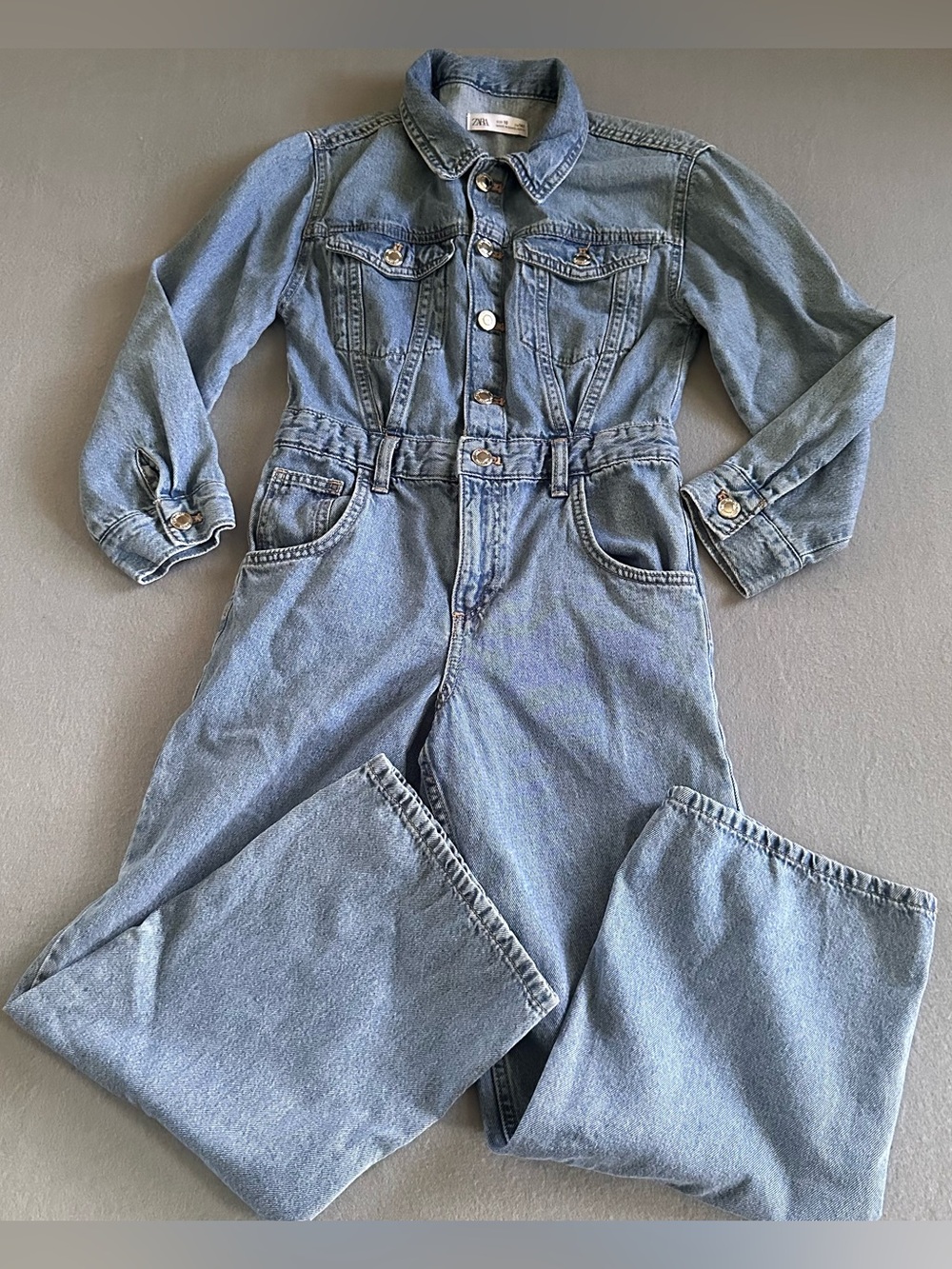 Zara Long Sleeve Denim Utility Jumpsuit One Piece Wide Leg Girls Size 10